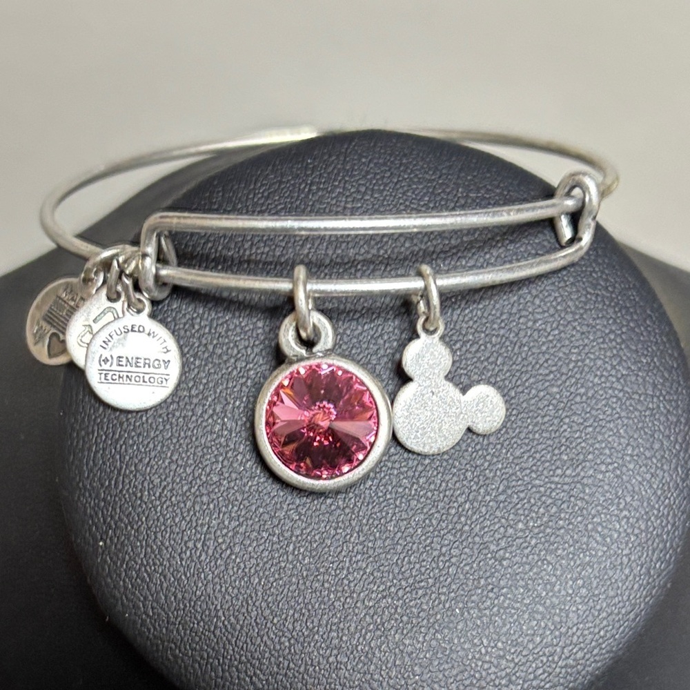 Alex and Ani Silver Tone Mickey Mouse Bracelet with Pink Crystal Charm